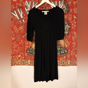 Black 3/4 Sleeve Sweater Dress Ribbed Bodice Midi